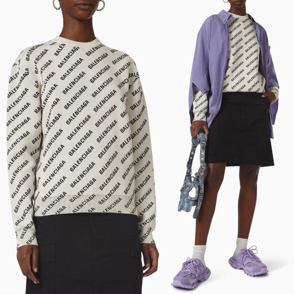 NWT Balenciaga Long Sleeve Knit Top Crewneck Mini Logo Allover White Wool Blend - Picture 1 of 9